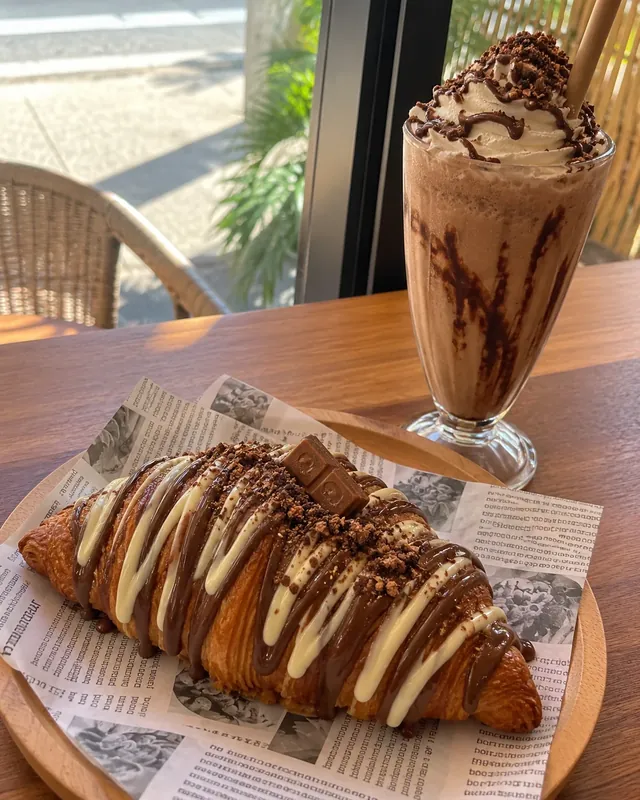 Chocolate croissant and creamy drink at Snack Global in Kata Beach