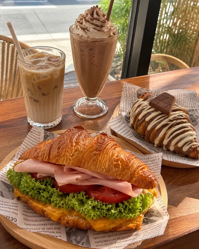 Croissants and coffee brunch spread at Snack Global in Kata Beach
