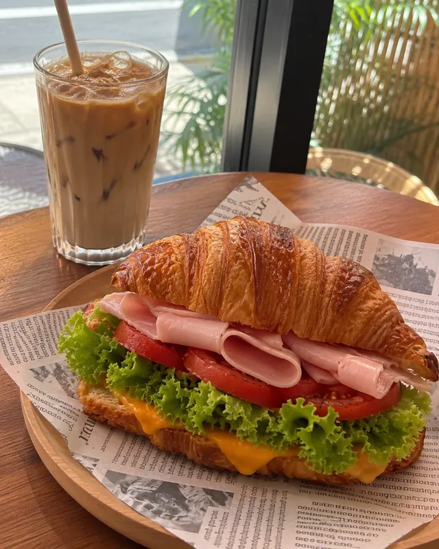 Savory croissant sandwich with iced coffee at Snack Global in Kata Beach