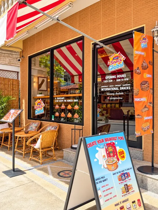Snack Global outside seating and storefront