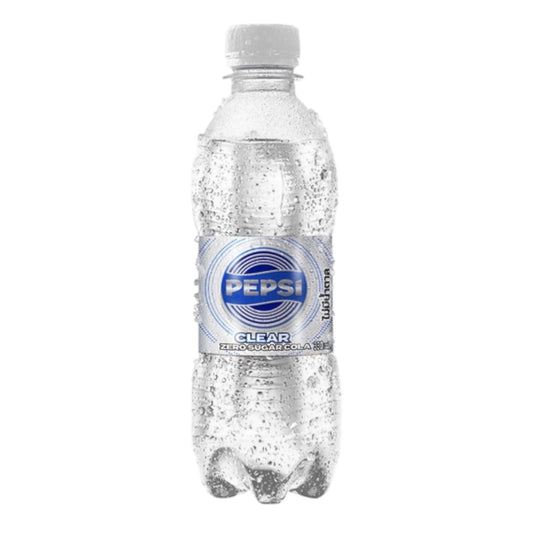 Clear Pepsi zero sugar bottle on a white background with condensation and bubbles visible