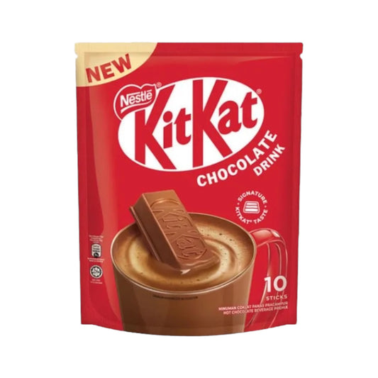 Red KitKat chocolate drink package with hot chocolate cup and KitKat bar on a white background